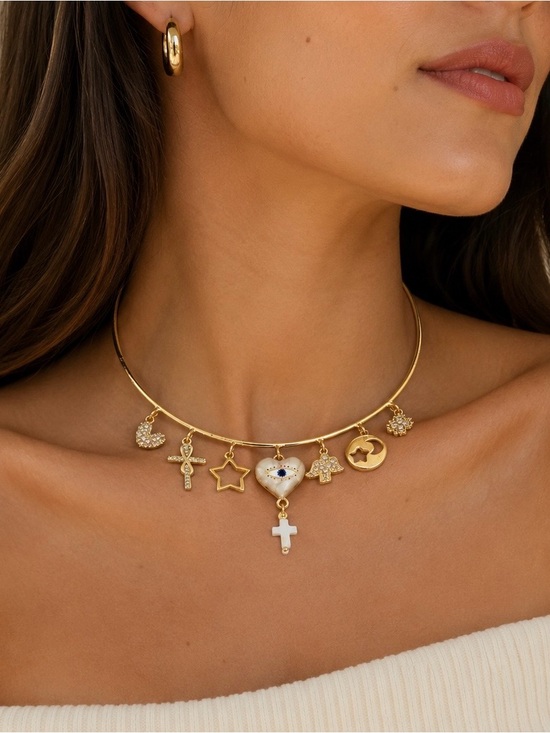 Jewelry - Gold Charm Choker Necklace with Heart, Cross & Star Pendants